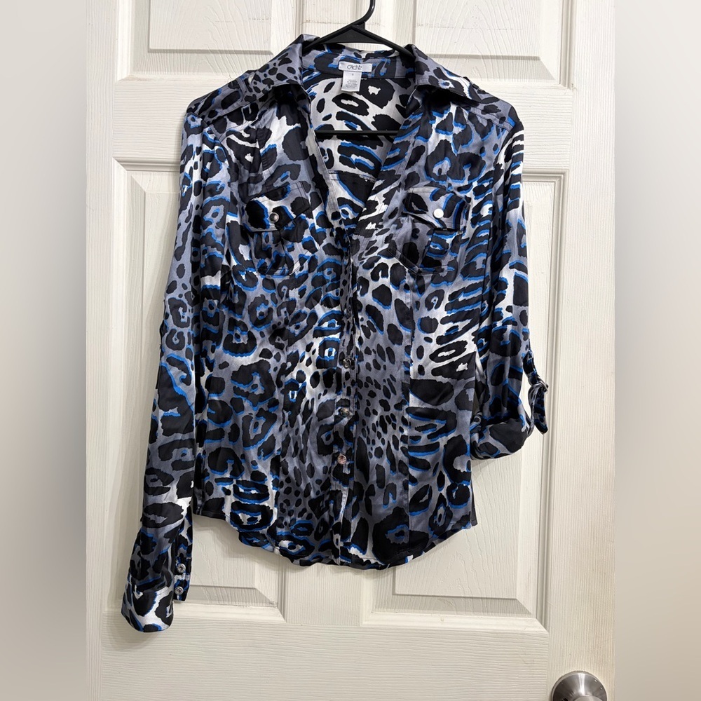 Cache vintage silk satin blouse  black and gray leopard animal print Size Small